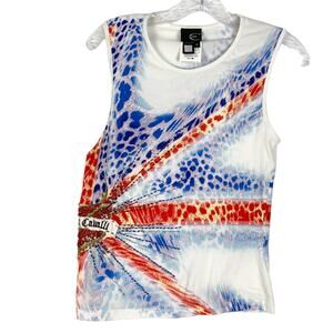 NWOT Just Roberto CAVALLI Top M ITALY Beaded-Heart Logo-Patch Union-Jack Animal